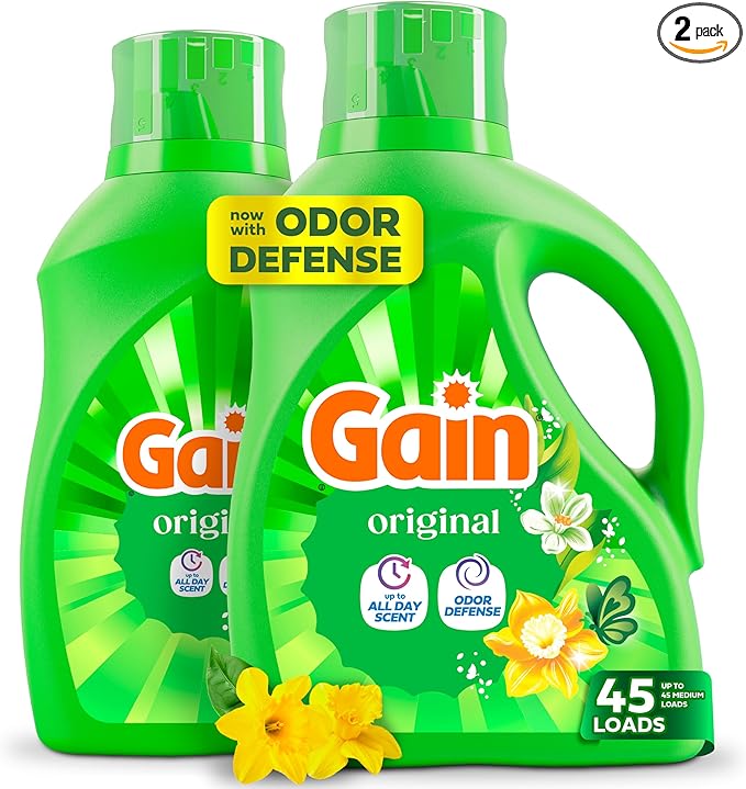 Gain Liquid Laundry Detergent with Odor Defense, Original Scent, Laundry Soap For HE Washing Machines, 60 fl oz, 45 Loads, Pack of 2 (Packaging May Vary)