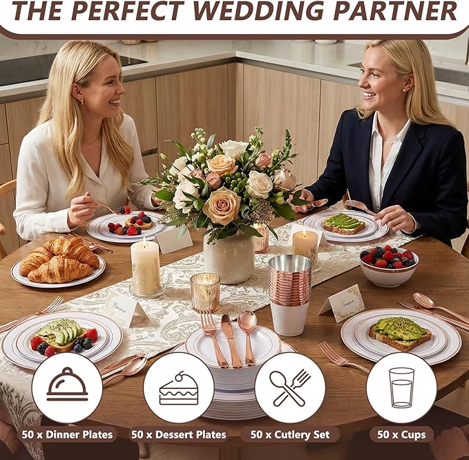 GATHER 350PCS Rose Gold Plastic Plates - Disposable Rose Gold Dinnerware Sets Includes 100 Gold Rimmed Plastic Plates, 150 Silverware, 50 Napkins, 50 Cups for Party, Wedding