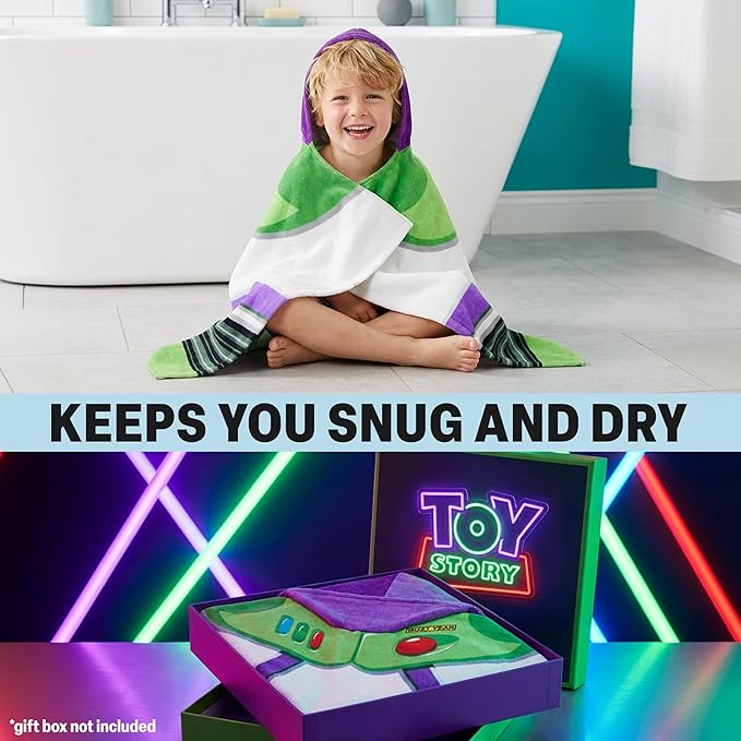 Disney Pixar Toy Story Bath Towels with Hood for Boys, Ages 2-6, Buzz Lightyear Soft and Absorbent Hooded Cotton Beach Towel Wrap, Swimming Pool Poncho, Gifts for Boys (Multi Buzz Lightyear)
