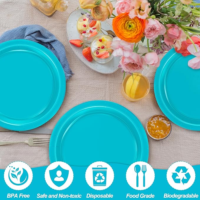QZYL 50 PCS Paper Plates, Light Blue Round Disposable Party Plates, 9 Inches Paper Dinnerware for Everyday Use, Heavy Duty Tableware Pack for Birthday Wedding Baby Shower Christmas Party