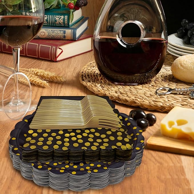 Black and Gold Paper Plates and Napkins,7 Inch Black and Gold Scalloped Disposable Dessert Plates Paper Napkin Fork Party Supplies for Wedding Baby Shower Birthday(25 Guest)