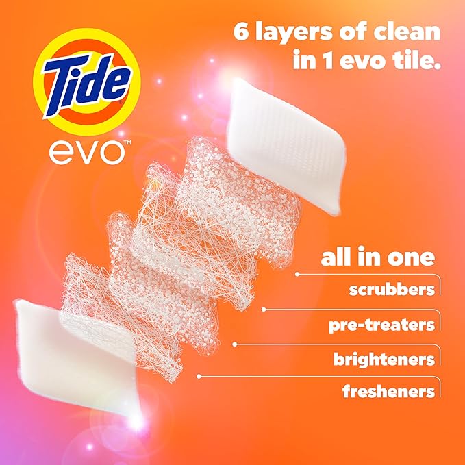 Tide evo Spring Blast Scent Laundry Detergent Fiber Tiles Works on 100% of Common Stains Safe for All Machines and Water Conditions Concentrated HE Compatible Clean and Instant Dissolve, 16 Count