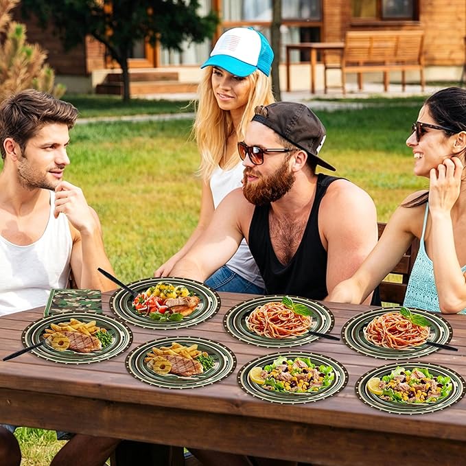 100 Pcs Camouflage Party Supplies for 25 Guests, Heavy-Duty 7" & 9" Paper Plates, 2-Ply 13" Napkins & Plastic Forks, Disposable Deep Green Camo Tableware Set for Hunting Army Military Party