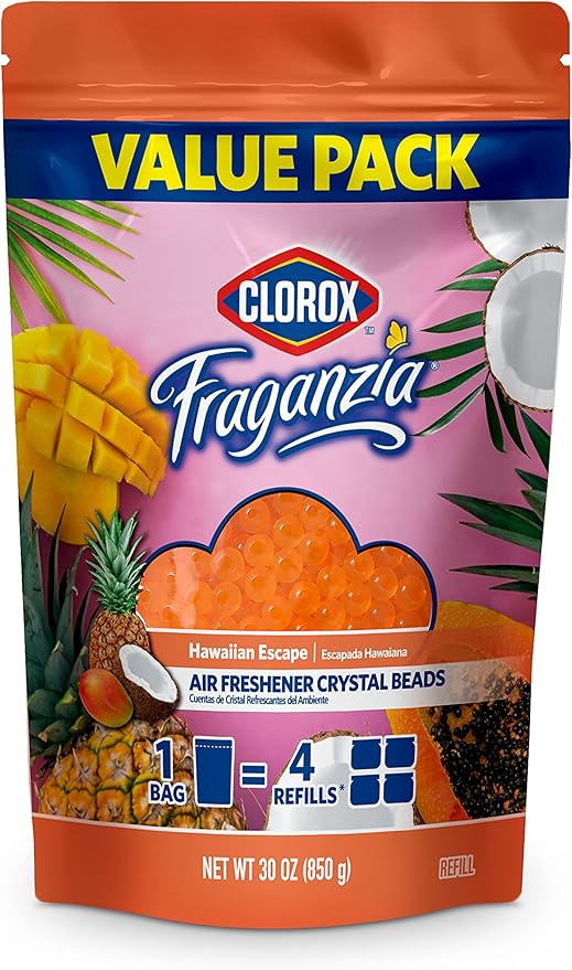 Clorox Fraganzia Crystal Beads Air Freshener, Long Lasting Room Deodorizer and Odor Eliminator Gel Beads to Freshen Home, Car, or Office, Island Escape Scent, 30 Fl Oz Resealable Pouch