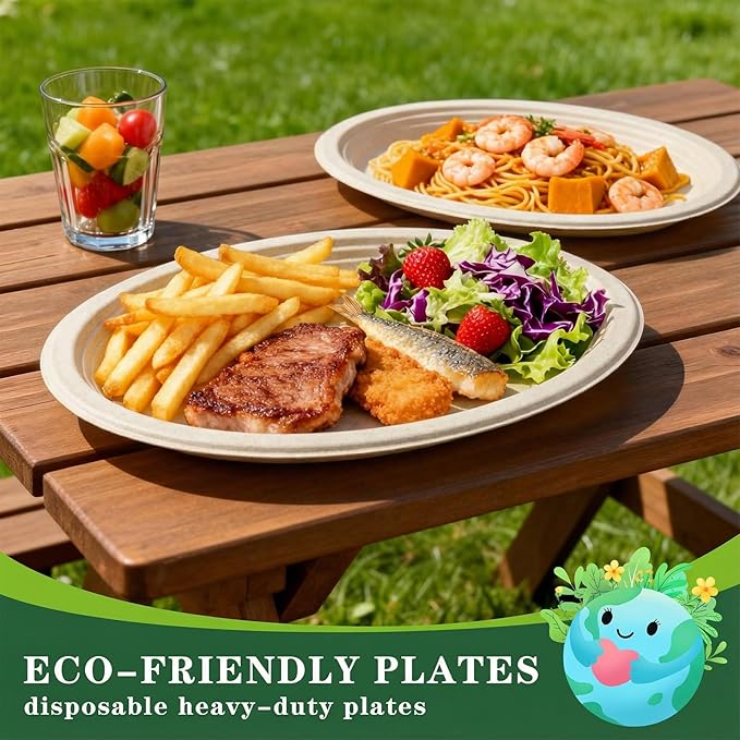 Tinybee 100% Compostable Oval Paper Plates 12 Inch [50-Pack] Heavy-Duty, Eco-Friendly, Biodegradable Bagasse Platters, Natural Unbleached Brown Disposable Plates for BBQ/Picnic/Party (BPI-Certified)