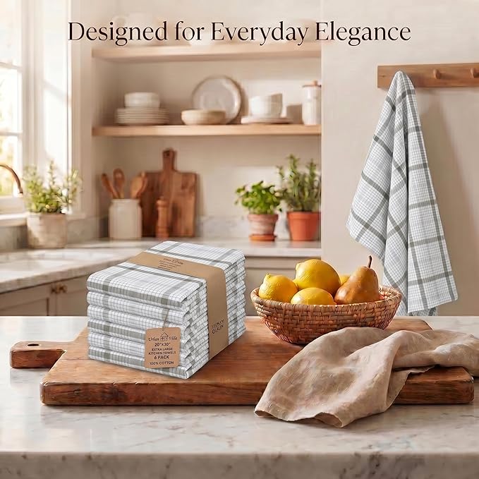Urban Villa Kitchen Towels 100% Cotton Dish Towels for Kitchen (Set of 6) 20”x30” Dish Cloths Absorbent Kitchen Linen Set with Hanging Loop Perfect for Drying Dishes Cleaning – Tiny Check