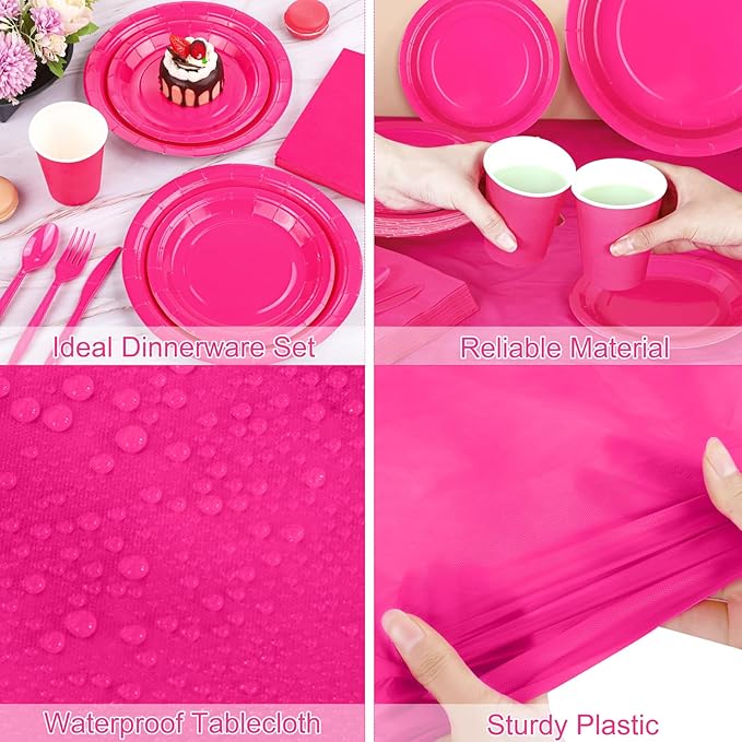 Kochorie 169 Pieces Hot Pink Party Supplies Disposable Dinnerware Set Include Plates and Cups Napkins Plastic Forks Knives Spoons Tablecloth for Wedding Birthday Party Decorations, Serve 24 Guests