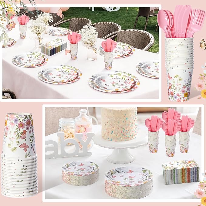 Sinmoe 400 Pcs Spring Plates and Napkins Set Paper Flower Dinnerware Disposable Party Supplies for 50 Guest Dinnerware Knife Fork Spoon for Spring Birthday Party (Pink,Floral)