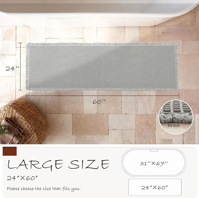 DWCN Grey Waffle Bathroom Mat, Boho Bath Rugs Super Absorbent Non Slip Bath Mats for Bathroom Floor, Ultra Soft Farmhouse Rubber Backed Shower Mats for Tub and Shower, 24 x 60 Inch