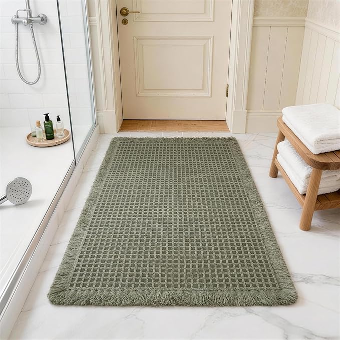 Waffle Bathroom Rugs, Non Slip Absorbent Waffle Knit Bath Mat for Shower Floor, Tub and Bathroom Door, Ultra Soft Quick Dry, Olive Green, 18"x30"