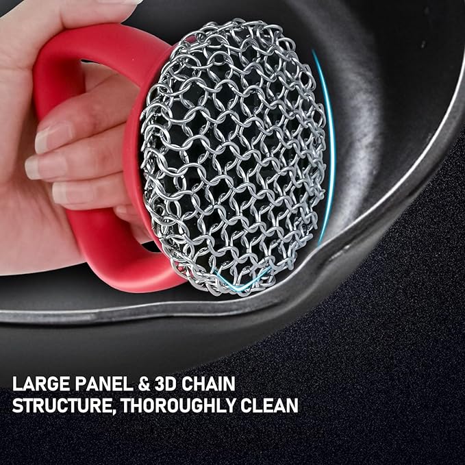 Cast Iron Scrubber with Handle 316L （Ergonomic Non-Slip Grip Cleaner for cast Iron skillets, Pans, and Dutch ovens – Stainless Steel Chainmail Cleaning pad, Durable and Dishwasher Safe）
