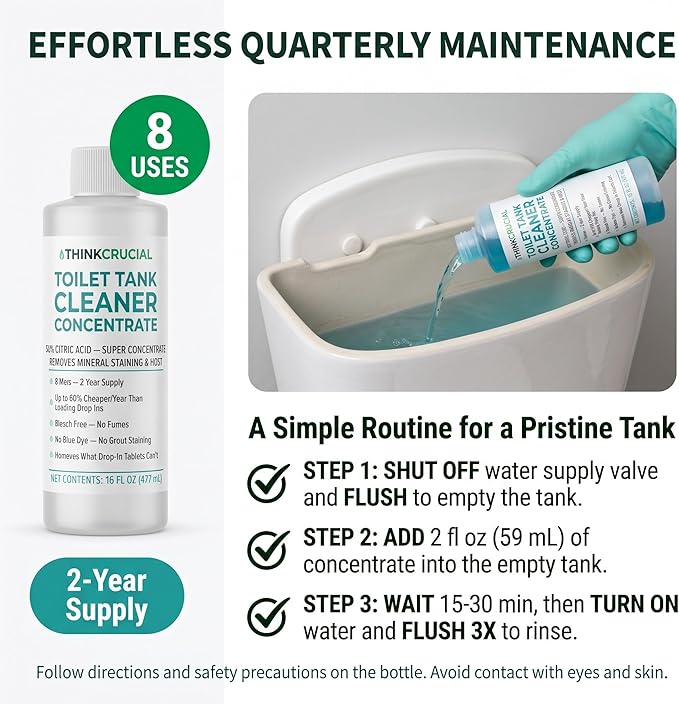 Think Crucial Toilet Tank Cleaner Concentrate — 35% Citric Acid, 8 Uses, Bleach-Free, No Blue Dye, Septic Safe — 16 fl oz