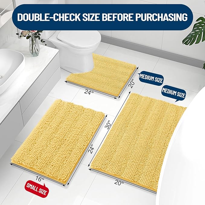 Grandaily Chenille Striped Bathroom Rugs 47x24, Extra Thick and Absorbent Bath Mats, Non-Slip Soft Plush Shaggy Shower Carpet, Machine Wash Dry, Bath Rug for Bathroom, Yellow