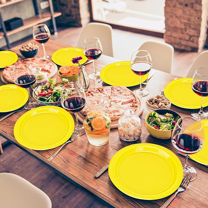 QZYL Disposable Paper Plates Set, 50 PCS Yellow Dinner Paper Plates, Round 9 Inches Party Tableware Pack for Daily Meal Picnic Anniversary Wedding Festival Gathering Party Supplies