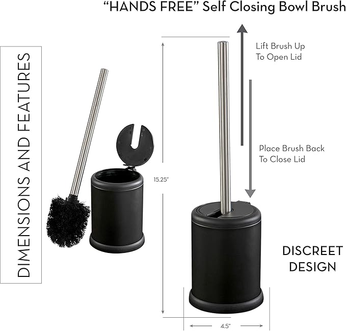 Bath Bliss Toilet Brush and Holder | Self Closing Lid | 360 Degree Brush Head | Bathroom Cleaning | Compact Size | Storage and Organization | Matte Black