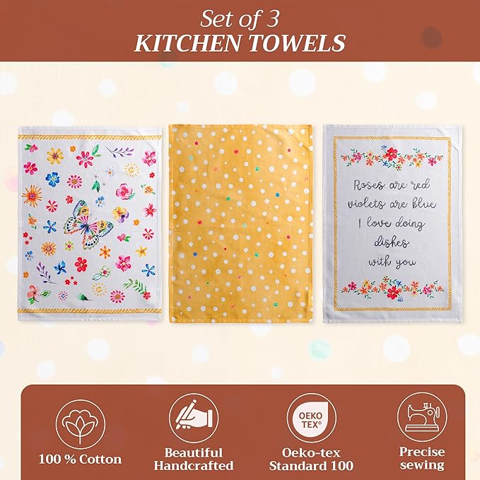 Maison d' Hermine Kitchen Towels Set of 3 100% Cotton 27.50" x 20" Reusable Cloth Dish Towels Absorbent with Hanging Loop for Kitchen Farmhouse Hotel Spring Summer - Happy Florals - Sweety