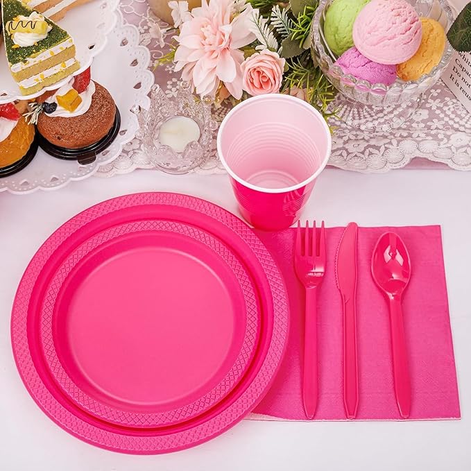 WELLIFE 210Pcs Hot Pink Plates, Disposable Dinnerware Set, Including Hot Pink Plastic plates, 12oz Cups, Plastic Cutlery and Napkins Serve 30 Guests, Plastic Plates for Party and Valentine,Galentines