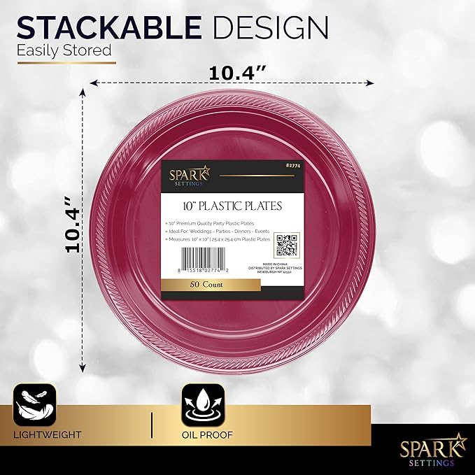 Amcrate Burgundy Plastic Dinner Plates, 10.4 Inches, Strong & Sturdy for Parties, Dinners, Holidays, Picnics, Travel - Pack of 50