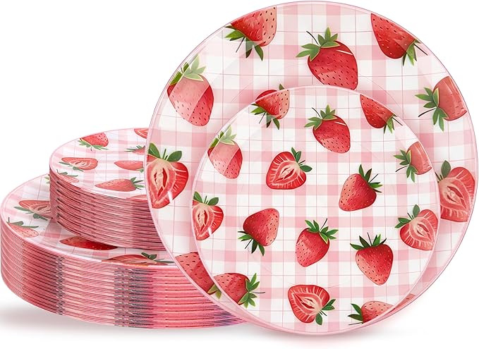 Liacere 32Pcs Strawberry Plastic plates - Strawberry Checkered Disposable Tableware - 16 Dessert Plates, 16 Dinner Plates, Ideal for Spring Picnics, Parties, Birthdays, and Gatherings
