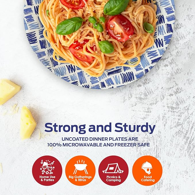 PAMI Heavy-Duty Disposable Small Round Paper Dinnerware, Microwave-Safe, Cut, Oil & Water Resistant, Unique Design (7 Inch Plate 200 Blue)