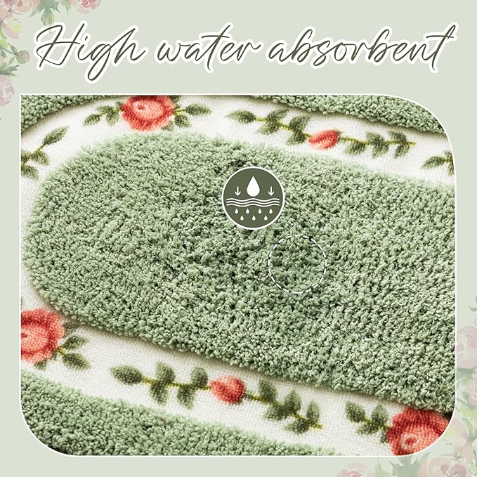 Drydiet 3 Pcs Rose Flowers Bathroom Rugs Set Coquette Room Decor Floral Carpet for Bathroom Bedroom Living Room, Floral Bath Mat Non Skid Romantic Rose Flower Area Rugs 3 Shapes(Green,Small)