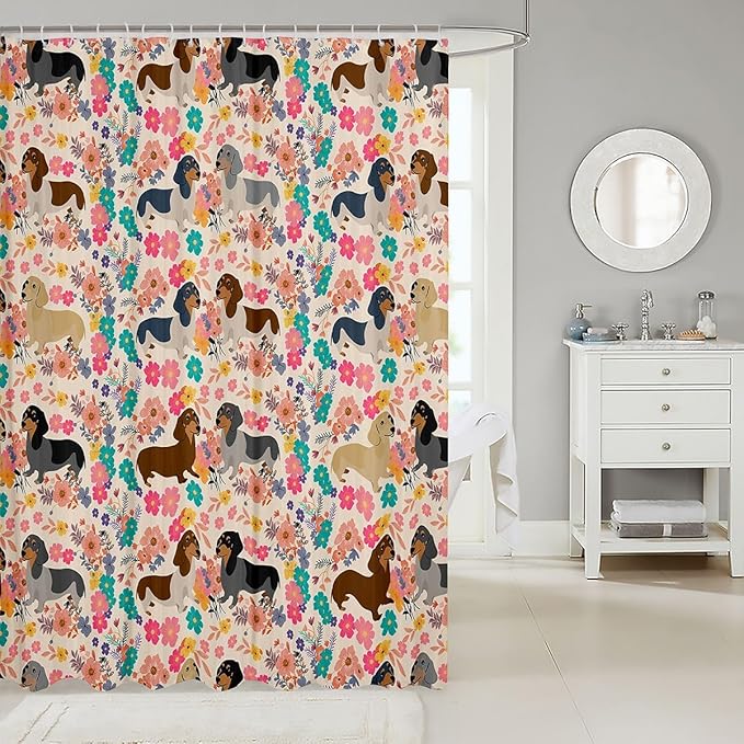 Dachshund Decor Shower Curtain Pink Floral Puppy Bath Curtain Dachshund Gifts for Women Girls,Lovely Pup Dog Flowers Shower Curtain Set Dog Lover 72"Wx84"L,Cute Pet Doggy Animal Bathroom Decor