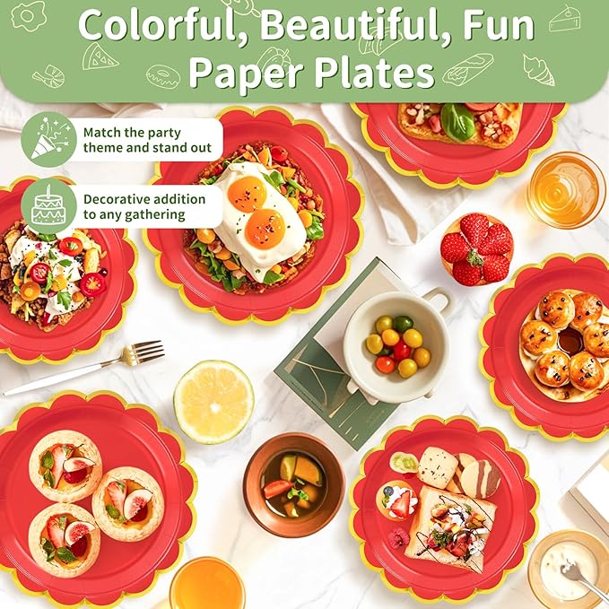 50 Pcs Red Paper Plates, 25 Pcs 9" and 25 Pcs 7" Disposable Christmas New Years Scalloped Plates with Gold Foil for Graduation Wedding Baby Shower Birthday Party Picnic BBQ