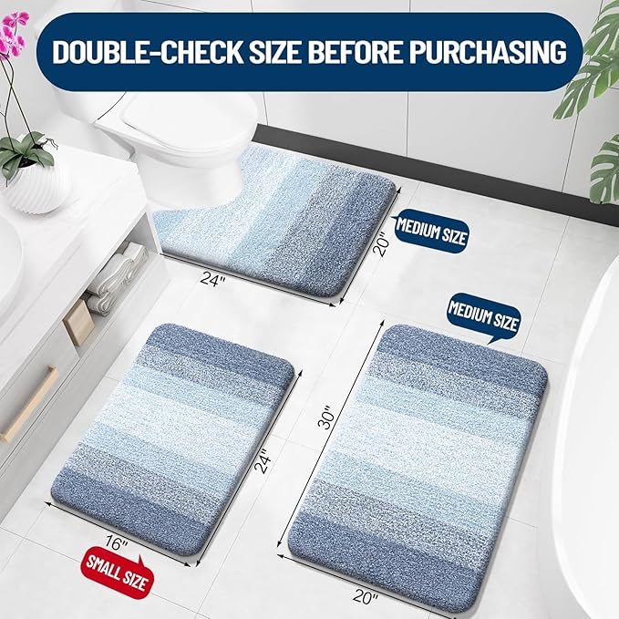 OLANLY Bathroom Rugs Sets 3 Piece, Soft Absorbent Microfiber Bath Mats and U-Shaped Contour Toilet Rug, Plush Shaggy Bath Mat Set for Bathroom (30"x20"+24"x16"+24"x20", Blue)
