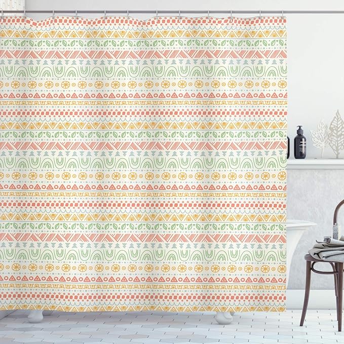 Ambesonne Striped Shower Curtain, Folk Soft Pastel Color Aztec Backdrop Round Shapes Triangles Mexican Print, Cloth Fabric Bathroom Decor Set with Hooks, 69" W x 84" L, Multicolor
