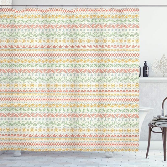 Ambesonne Striped Shower Curtain, Folk Soft Pastel Color Aztec Backdrop Round Shapes Triangles Mexican Print, Cloth Fabric Bathroom Decor Set with Hooks, 69" W x 84" L, Multicolor