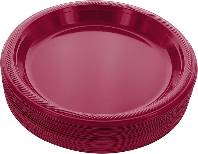 Amcrate Burgundy Plastic Dinner Plates, 10.4 Inches, Strong & Sturdy for Parties, Dinners, Holidays, Picnics, Travel - Pack of 50