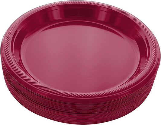 Amcrate Burgundy Plastic Dinner Plates, 10.4 Inches, Strong & Sturdy for Parties, Dinners, Holidays, Picnics, Travel - Pack of 50