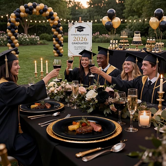 KIRE 60PCS Black Plastic Plates - Black Disposable Plates with Gold Rim - Include 30Pcs 10.25inch for Dinner and 30Pcs 7.5inch for Dessert for Wedding/Graduation/Party/Father's Day