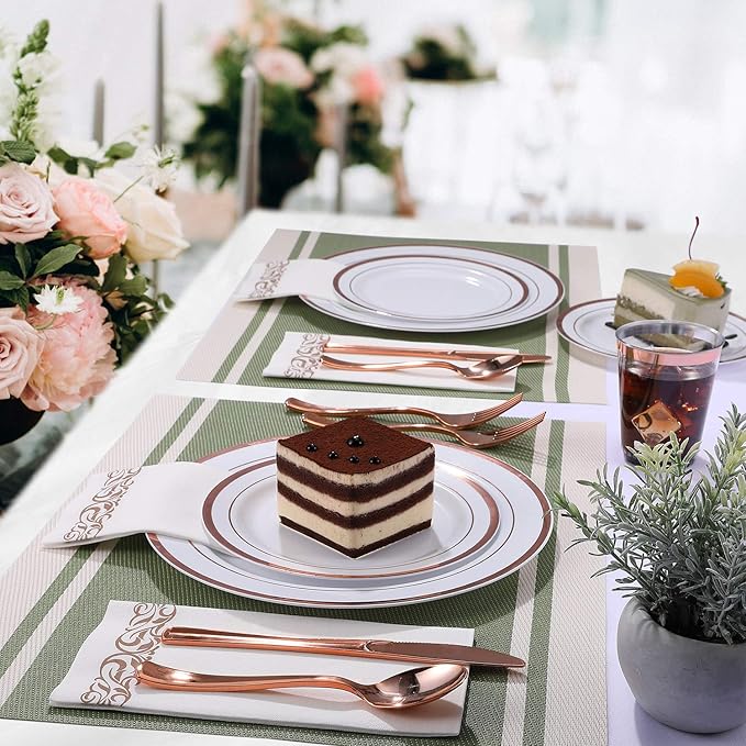 FOCUSLINE 175 Count Rose Gold Dinnerware Set for 25 Guests - Rose Gold Rimmed White Disposable Plastic Plates Heavy Duty, Includes 25 Dinner & Salad Plates, Cups, Cutlery Set for Wedding Parties