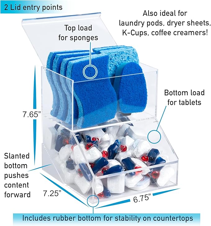 IneVibe Acrylic Dishwasher Pods & Sponge Holder w/Lids - 2 Compartment Container for Storing Detergent Tablets, Dryer Sheets, Laundry Pods for Kitchen Sink Organization