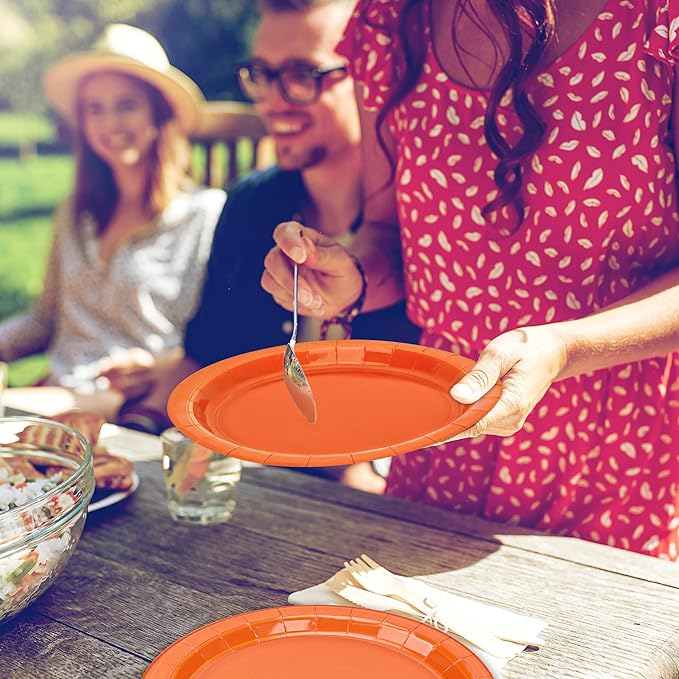 QZYL Disposable Paper Plates Set, 50 PCS Orange Dinner Paper Plates, Round 9 Inches Party Plates Pack for Daily Meal Picnic Anniversary Thanksgiving Festival Gathering Party Supplies