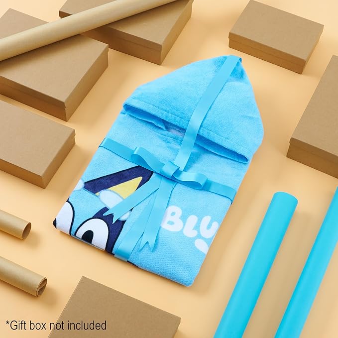Bluey Kids Changing Robe, Hooded Towel Poncho for Boys Girls, Soft Absorbent Cotton Wearable Towel for Swim Surf Bath Beach Cover Up, Gifts for Kids (Blue/Orange)
