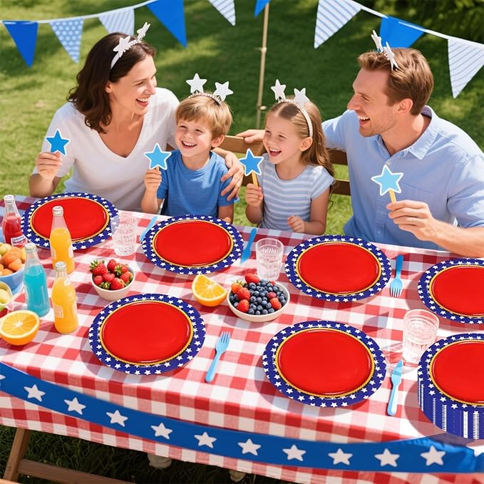 50Pcs Red White and Blue Round Paper Plates 9 Inch Super Theme Hero Red Stars Birthday Dessert Plates Girl Hero Theme Party Decorations for Women Girls Super Patriotic Labor Day Party Decorations