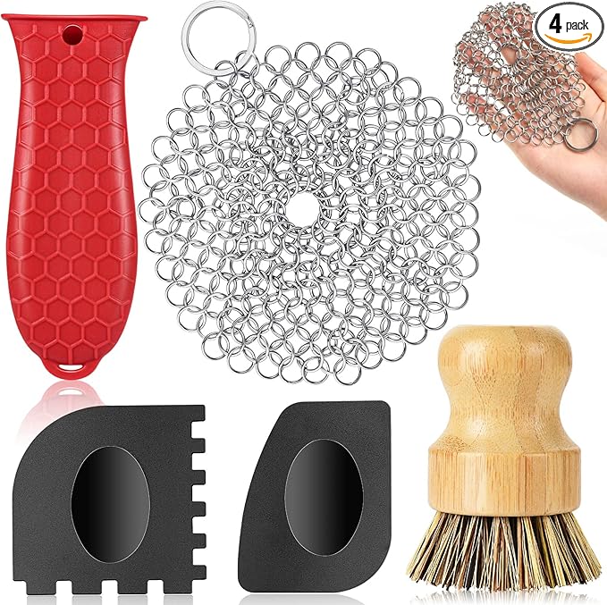 Cast Iron Scrubber, Kitchen Cleaning Set Including Honeycomb Non-Slip Silicone Pot Handle Holder, 2 Pan Grill Griddle Scrapers, Bamboo Handle Brush, 316 Stainless Steel Chainmail for Easy Clean