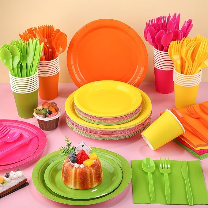 Kochorie 350 Pieces Neon Dinnerware Set, 7 & 9 inch Dessert Paper Plates Cups Napkins Plastic Cutlery Disposable Party Supplies for Neon Glow Party Birthday Baby Shower Wedding, Serve 50 Guests