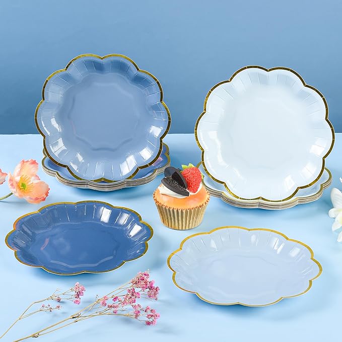 AimFun 48 Pcs Dusty Blue Party Plates Gradient Blue Dessert Paper Plates 7inch Gold Foil Scalloped Edge Disposable Cake Plates for Tea Party Birthday Bridal Baby Shower Wedding Party Supplies