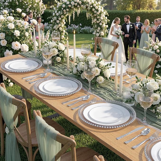 KIRE 100PCS Silver Plastic Plates - Heavy Duty White Disposable Plates with Silver Rim for Party/Wedding - Include 50Pcs 10.25inch Dinner Plates and 50Pcs 7.5inch Dessert Plates for Party/Father's Day