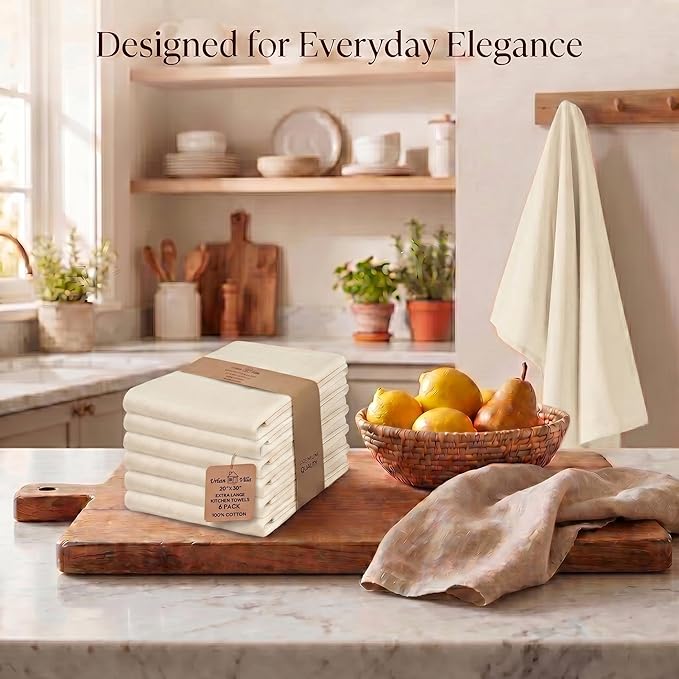 Urban Villa Kitchen Towels 100% Cotton Dish Towels for Kitchen(Set of 6) 20”x30” Dish Cloths Highly Absorbent Kitchen Linen Set with Hanging Loop Perfect for Drying – Ivory.