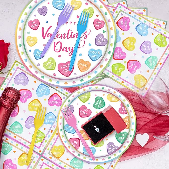 100 Pieces Valentine’s Day Party Tableware Set – Candy Heart Plates, Napkins and Forks, Love Heart Disposable Dinnerware for Valentine Classroom Party and Birthday Supplies