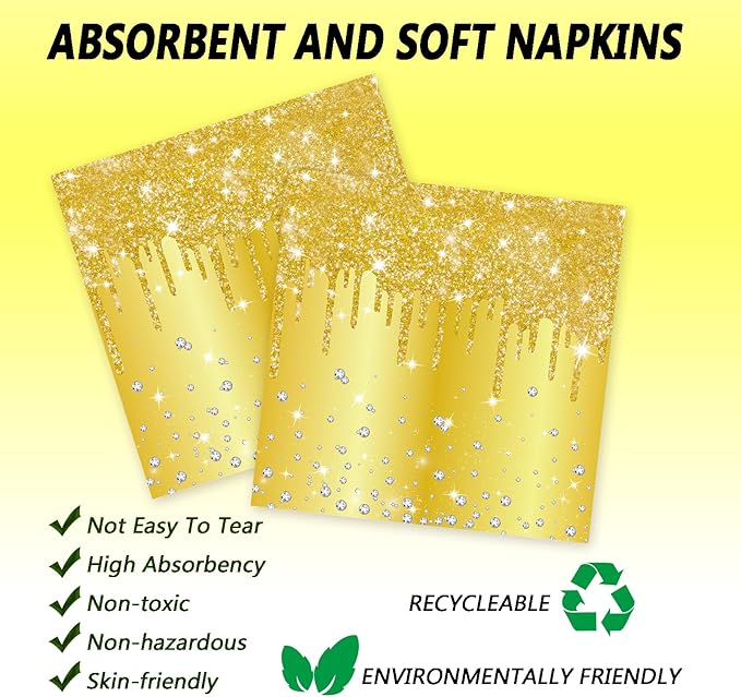 72 Pcs Gold Glitter Paper Plates 7in Disposable Paper Dessert Plates Napkins and Forks Party Tableware Set Happy Birthday Table Decorations for 24 Guests Gold Birthday Anniversary Wedding Theme Party