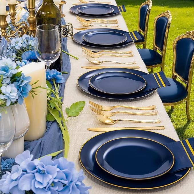 NOCCUR 350PCS Navy Blue Plastic Plates - Blue Disposable Dinnerware Set for 50 Guests, 100 Dinner/Dessert Plates, 150 Gold Silverware, 50 Cups&50 Napkins for Party/Wedding/Graduation/Memorial Day