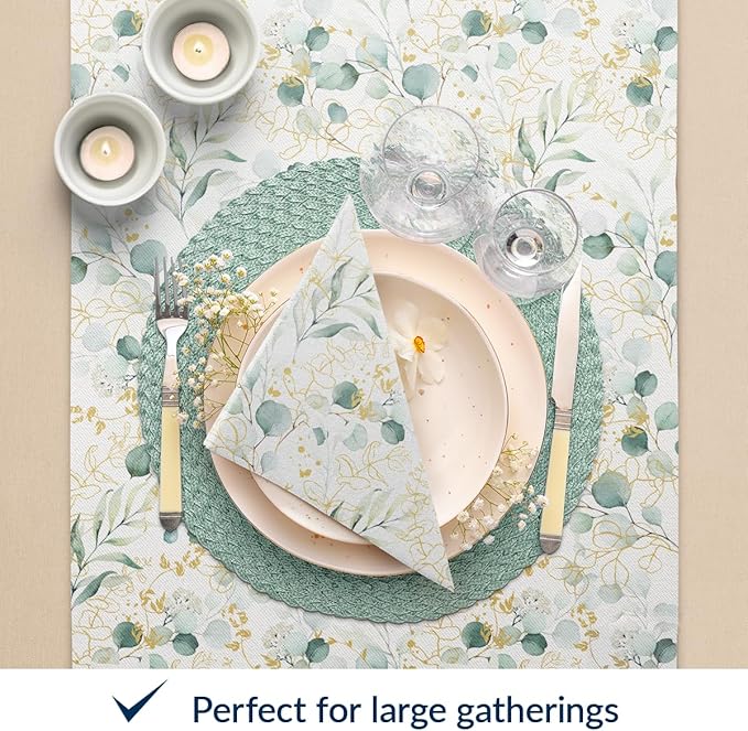 PAW - 50 Pieces Airlaid Paper Linen-Feel Napkins 16" x 16", Disposable Cloth-Like Napkins with Eucalyptus Design, Dinner Napkins for Kitchen, Party, Wedding, Barbecue, Picnic