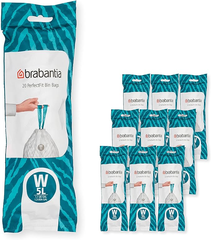 Brabantia PerfectFit Trash Bags (Size W/1.3 Gal) Thick Plastic Trash Can Liners with Drawstring Handles (200 Bags)