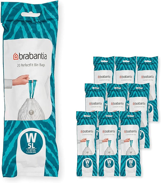 Brabantia PerfectFit Trash Bags (Size W/1.3 Gal) Thick Plastic Trash Can Liners with Drawstring Handles (200 Bags)