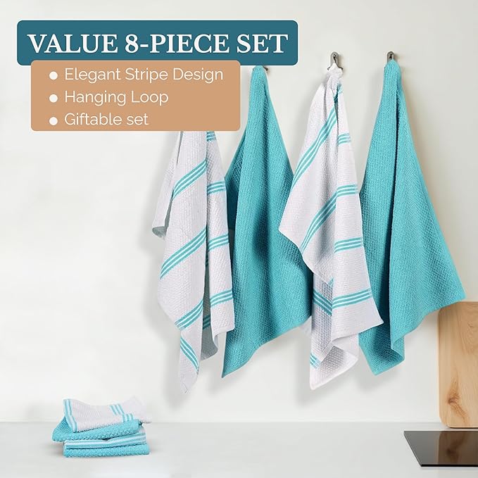Casa Platino Kitchen Towel Set 8 Pc - 4 Dish Cloths (13"x13") & 4 Dish Towels (16"x26") - Soft, Absorbent & Quick Dry Cleaning Cloths, Hand Towels for Kitchen & Wash Rags for Absorbing Spills - Aqua.